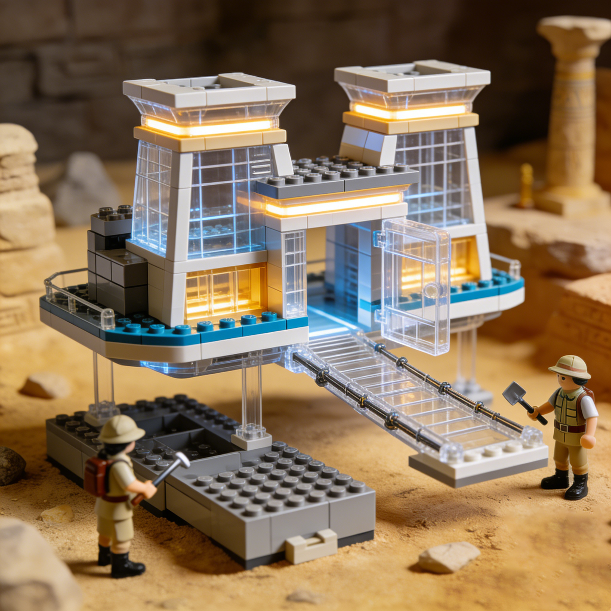 🏜️✨ Desert Expedition Research Base Building Block Set – Illuminated Archaeological Exploration Scene with Futuristic Design