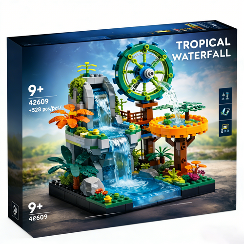 🌿✨ Jungle Waterfall Mechanical Building Block Set – Creative Nature-Inspired Display Model with Rotating Water Wheel & Flowing Stream Design