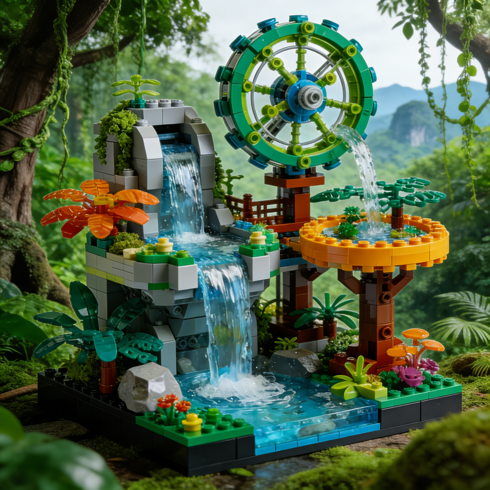🌿✨ Jungle Waterfall Mechanical Building Block Set – Creative Nature-Inspired Display Model with Rotating Water Wheel & Flowing Stream Design