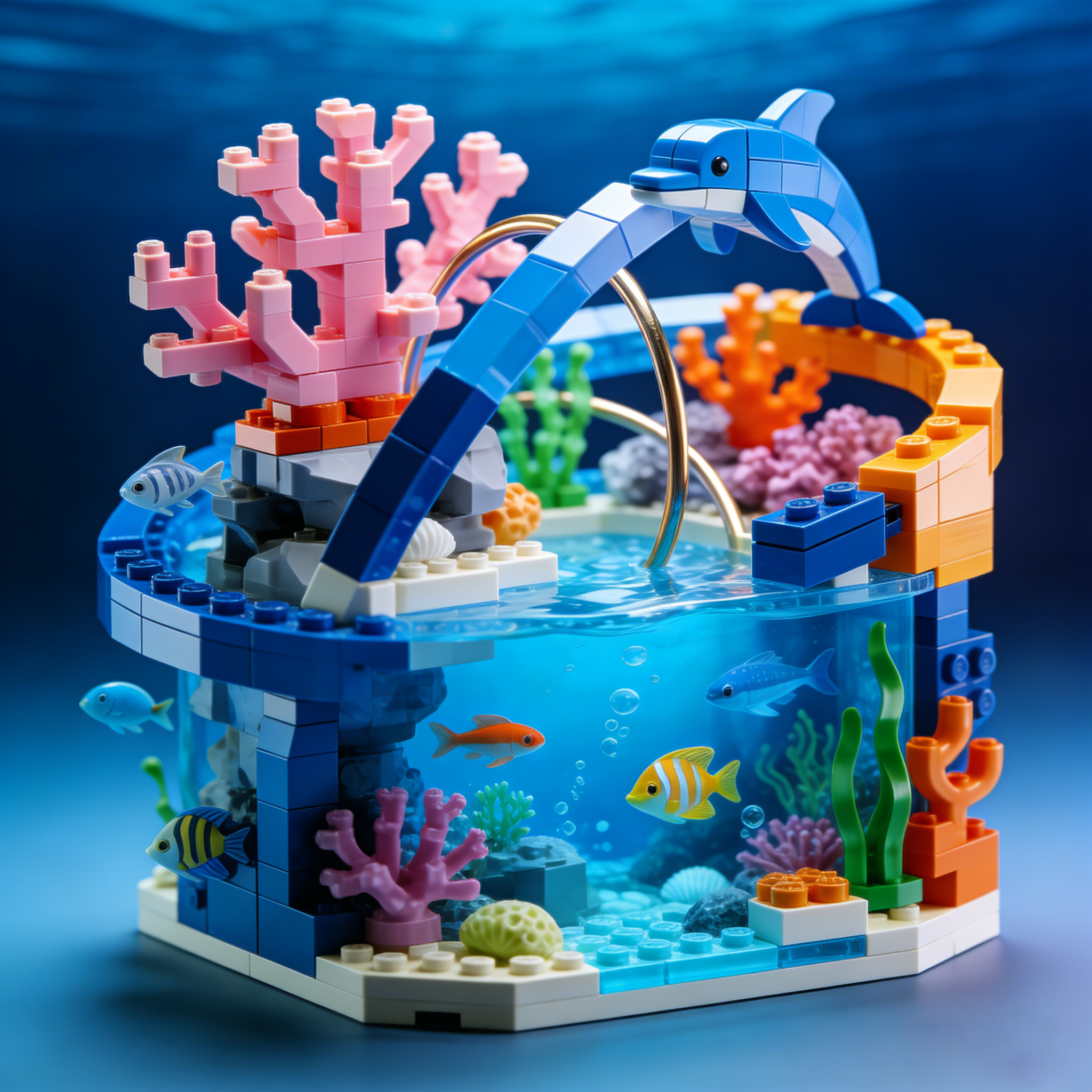 🐬🌊 Ocean Reef Dolphin Building Block Set – Underwater Aquarium Scene with Jumping Dolphin & Colorful Coral Design